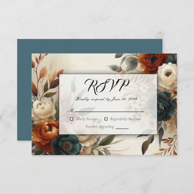 Burnt Orange und Blue Fall Blume Hochzeit RSVP Karte (Vorne/Hinten)