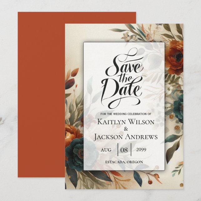 Burnt Orange und Blue Fall Blume Hochzeit Save The Date (Vorne/Hinten)