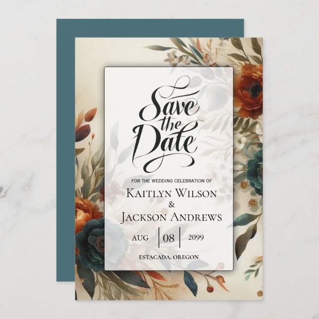 Burnt Orange und Blue Fall Blume Hochzeit Save The Date (Vorne/Hinten)