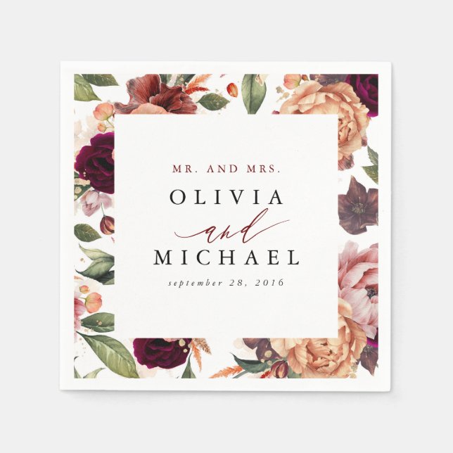 Burnt Orange und Burgund Rot Rustikale Flora Serviette (Vorderseite)