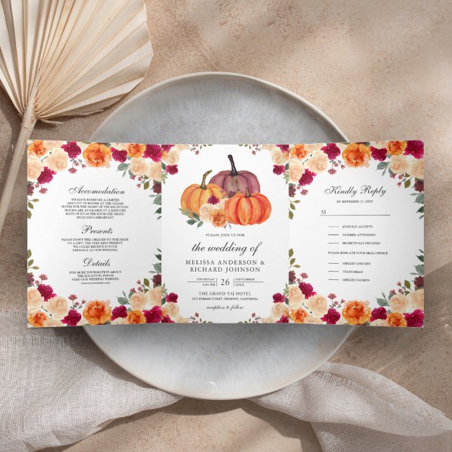 Burnt Orange und Burgundy Floral Pumpkin Wedding Dreifach Gefaltete Einladung (Von Creator hochgeladen)