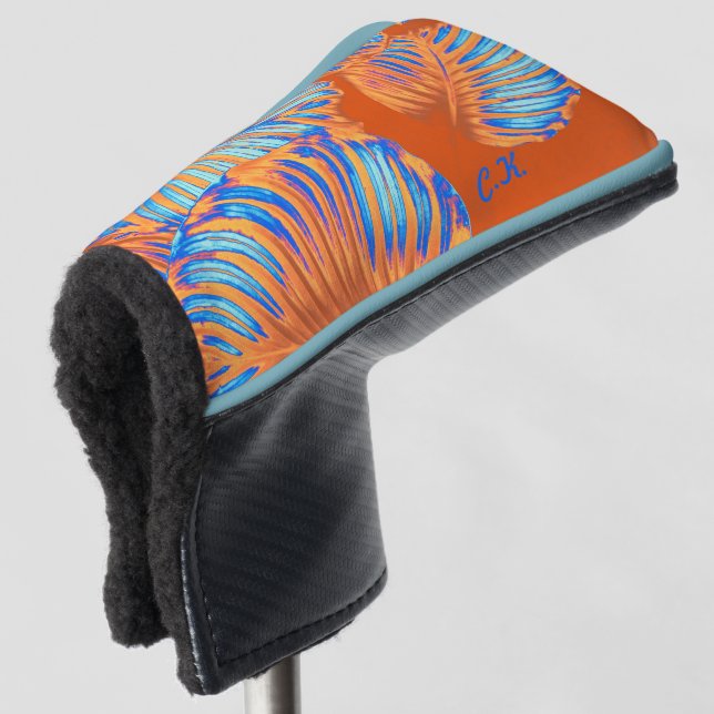 Burnt Orange und Electric Blue Tropical Blätter Golf Headcover (3/4 Vorderseite)