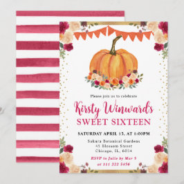 Burnt Orange und Red Floral Pumpkins Fall Sweet 16 Einladung