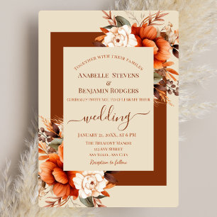 Burnt Orange und Rostflora mit QR-Code Hochzeit Einladung