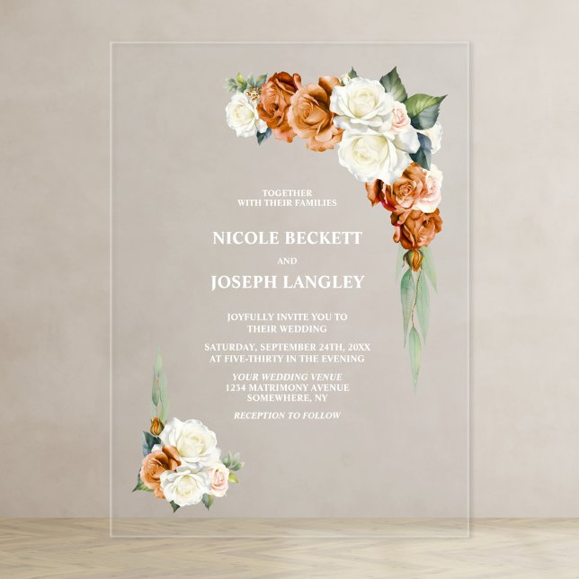Burnt Orange und White Rose Floral Wedding Acryleinladungen (Von Creator hochgeladen)