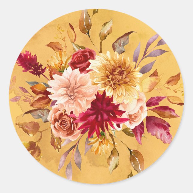 Burnt Orange und Yellow Dahlia Blume Hochzeit Runder Aufkleber (Vorderseite)