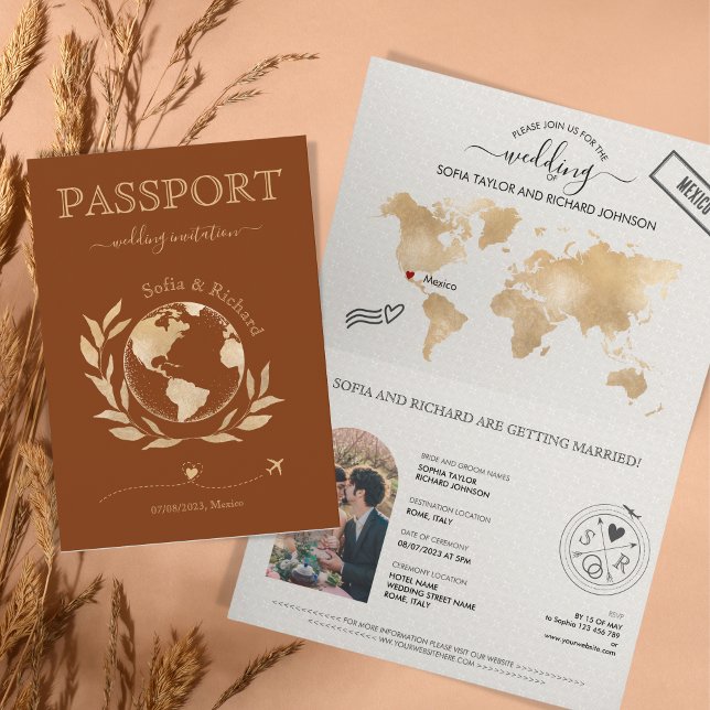 Burnt Orange Wedding Destination Passport World Einladung (Von Creator hochgeladen)