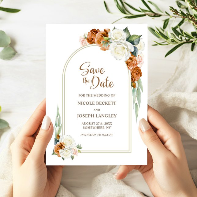 Burnt Orange White Floral Arch Save the Date (Von Creator hochgeladen)