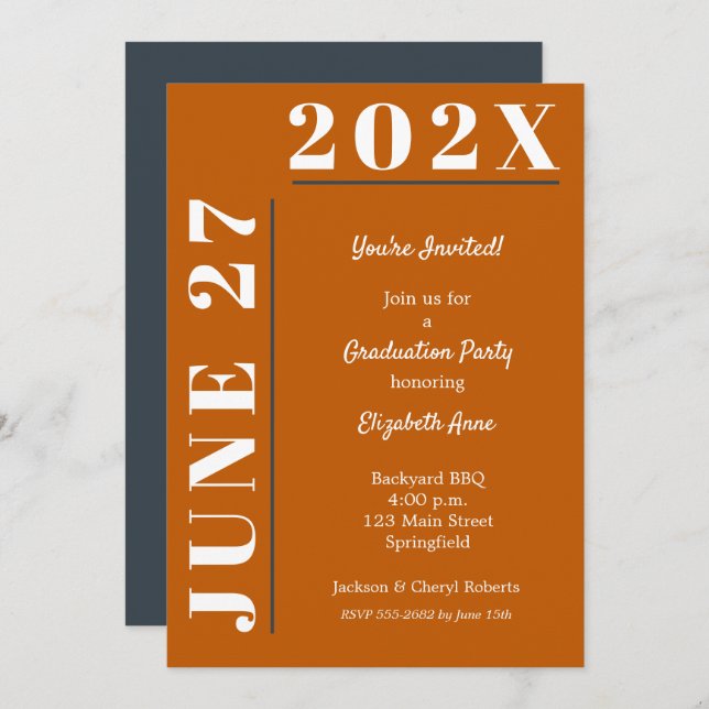 Burnt Orange White Gray Graduation Party Einladung (Vorne/Hinten)