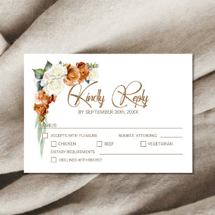 Burnt Orange White Rose Floral Wedding RSVP Karte