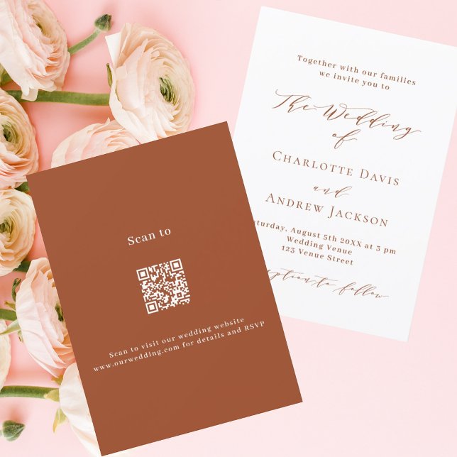 Burnt Orange White Script QR UAWG Luxus Hochzeit Einladung (Von Creator hochgeladen)