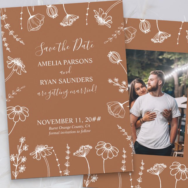 Burnt Orange Wildblume Sketch Gerahmtes Foto Save The Date (Save the Date Card with Photo in Terracotta Burnt Orange, from my Wildflower Sketch collection)