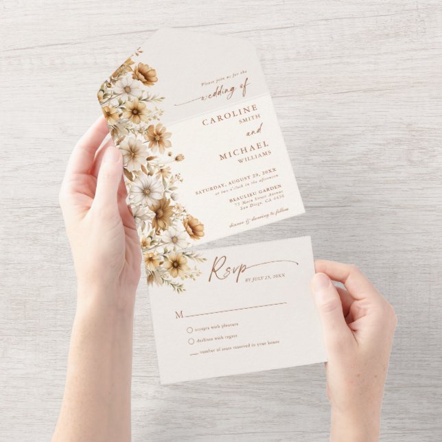 Burnt Orange Wildblume Wedding Boho All In One Einladung (Abreißen)