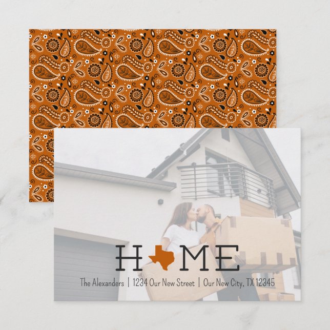 Burnt Orange ZUHAUSE Texas Moving Ankündigung (Vorne/Hinten)