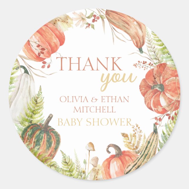Burnt Pumpkin Fall Floral Baby Dusche Danke Runder Aufkleber (Vorderseite)