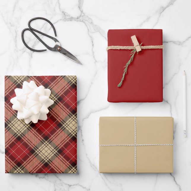 Burnt Red Beige Modern Scottish Tartan Christmas Geschenkpapier Set (Vorderseite)