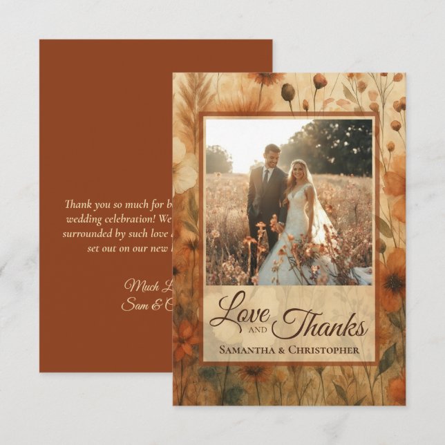 Burnt Sienna Boho Wildflowers Photo & Note Wedding Dankeskarte (Vorne/Hinten)