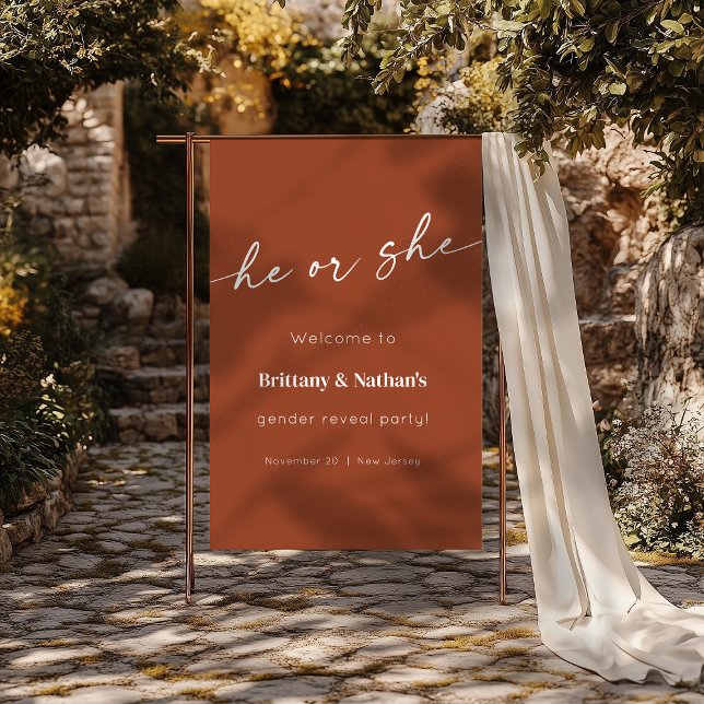 Burnt Terracotta Gender Reveal Willkommenszeichen Poster (Burnt Terracotta Gender Reveal Welcome Sign)