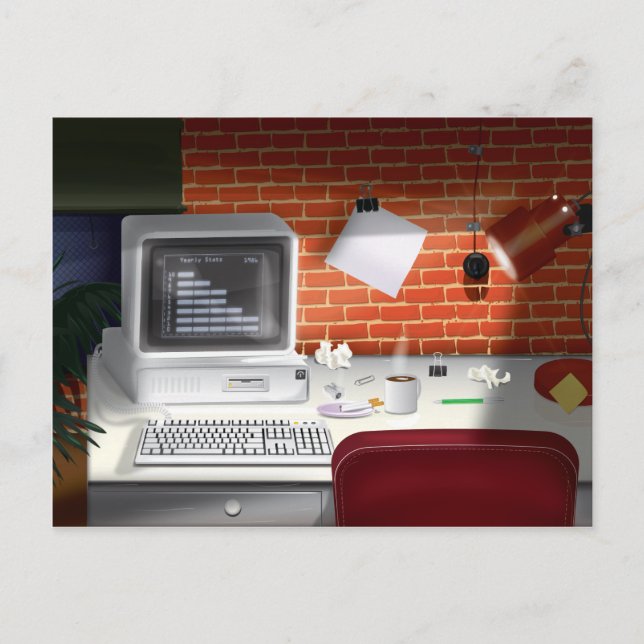 Büro der 80er Jahre mit Retro Classic Computer Postkarte (Vorderseite)