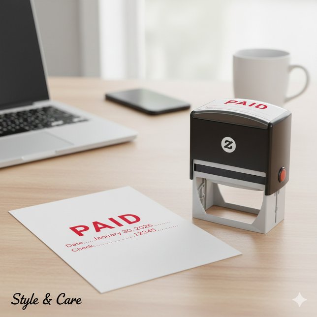 Bürofertig bezahlt mit Datum und Scheck Permastempel (Office Ready Paid With Date And Check Self-inking Stamp)