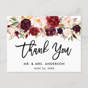 Bürsten-Schrift Burgunder Blumen Hochzeit Danke Postkarte