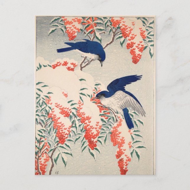 Bush und Fly Catchers in Snow von Ohara Koson Postkarte (Vorderseite)