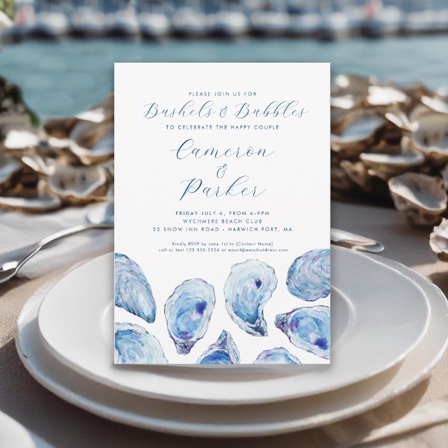 Bushels und Blasen Oyster Blue Einladung (Bushels and Bubbles Oyster Roast Invitation with blue watercolor oyster shells from Concertina Press)