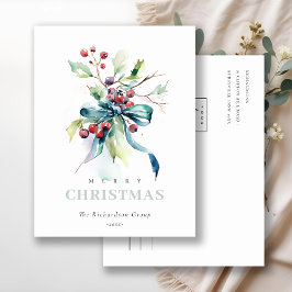Business Blue Green Winter Berries Firmenlogo Feiertagspostkarte