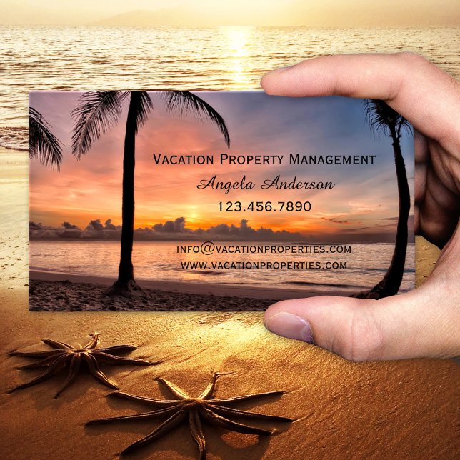 Business Card für die Verwaltung von Ferienwohnung Visitenkarte (Business card showing a sunset at a tropical beach - travel agency - holiday rentals - vacation home)