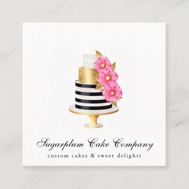 Business Card Gold & Floral Cake & Bakery Quadratische Visitenkarte (Vorderseite)