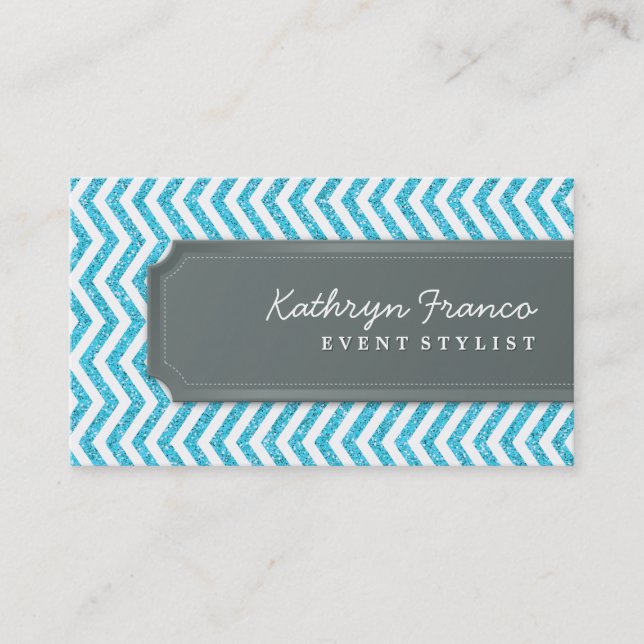 BUSINESS CARD Zickzack Stripe aqua Glitzer Effekt Visitenkarte (Vorderseite)
