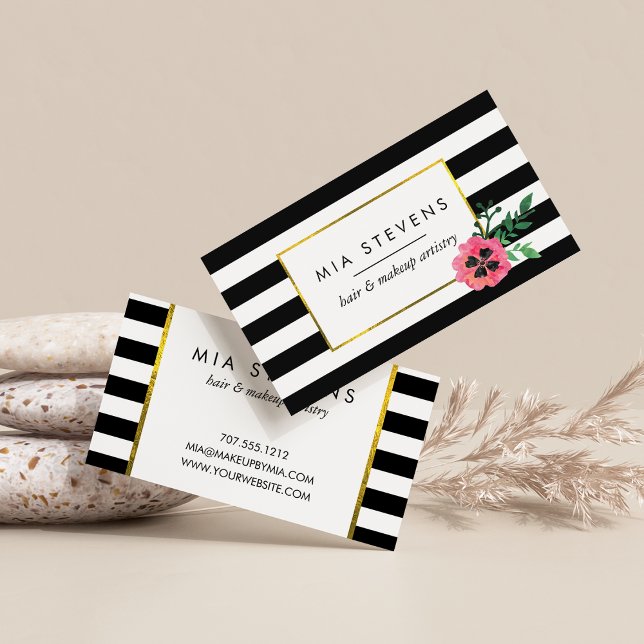 Business Cards für Schwarze Streifen und Rosa Blum Visitenkarte (Von Creator hochgeladen)