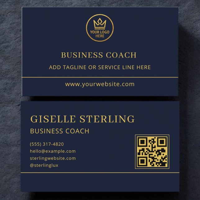 Business Coach Blue Gold Logo QR Code Visitenkarte (Von Creator hochgeladen)