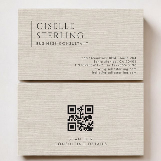 Business Consultant Luxury Neutral Linen QR Code Visitenkarte (Von Creator hochgeladen)