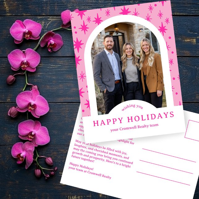 Business Corporate Holiday Stars CUSTOM Arch PHOTO Postkarte (Business Corporate Holiday Stars Pink CUSTOM Arch PHOTO Christmas Postcard
)