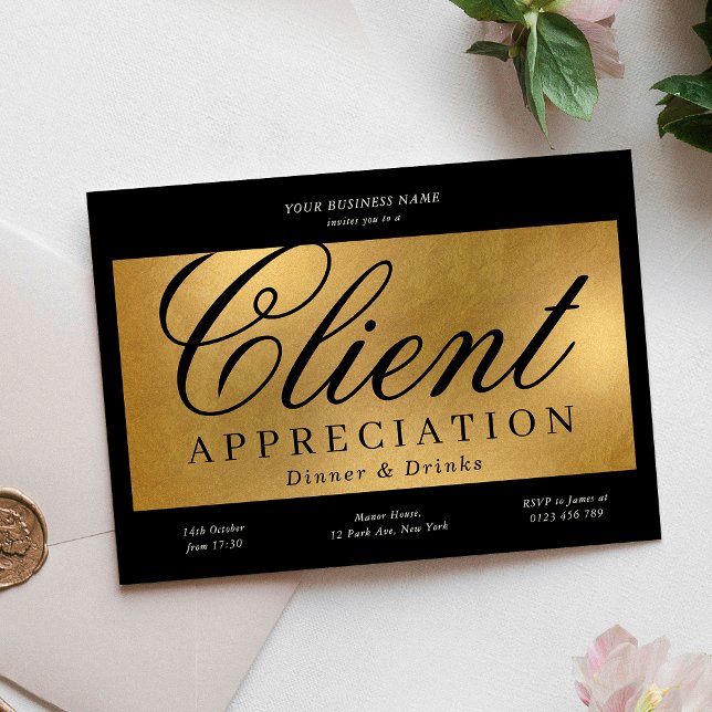 Business Dinner mit Black & Gold Kundenempfehlung Einladung (Black & Gold Client Appreciation Business Dinner Invitation)