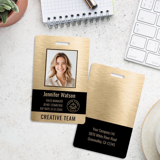 Business Employee Photo Faux Brushed Gold Black ID Ausweis (Von Creator hochgeladen)