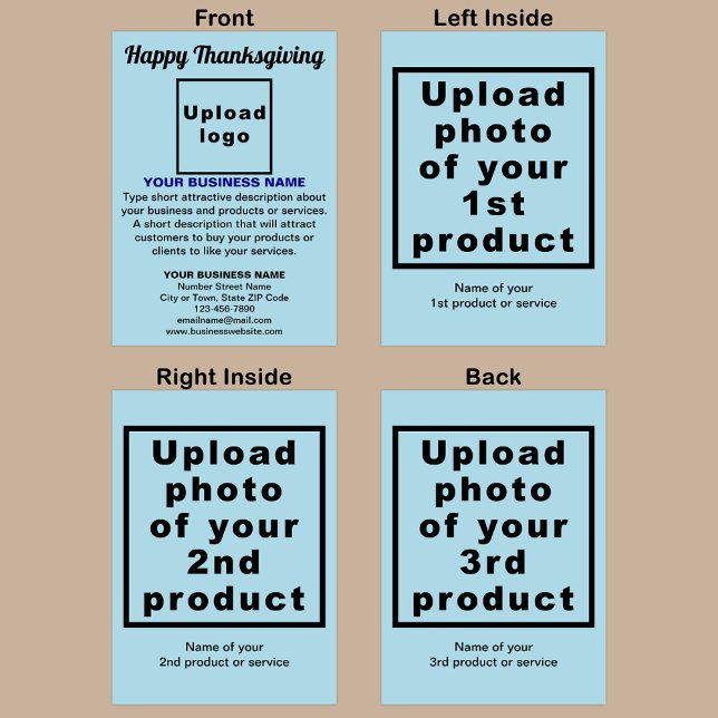 Business Erntedank Light Blue Faltgrinsen Karte (Light blue Thanksgiving folded greeting card with your business brand and products or services.)