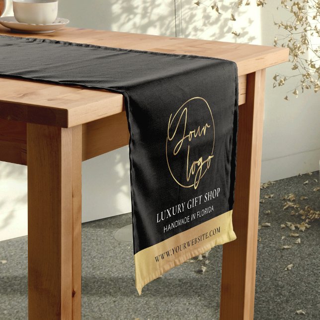 Business-Event mit Black & Gold-Logos Moderne Mark Kurzer Tischläufer (Black and gold logo pattern business event table runner - great for trade shows, pop-up markets etc)