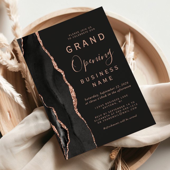 Business Grand Opening Black Rose Gold Agate Dark Einladung (Von Creator hochgeladen)
