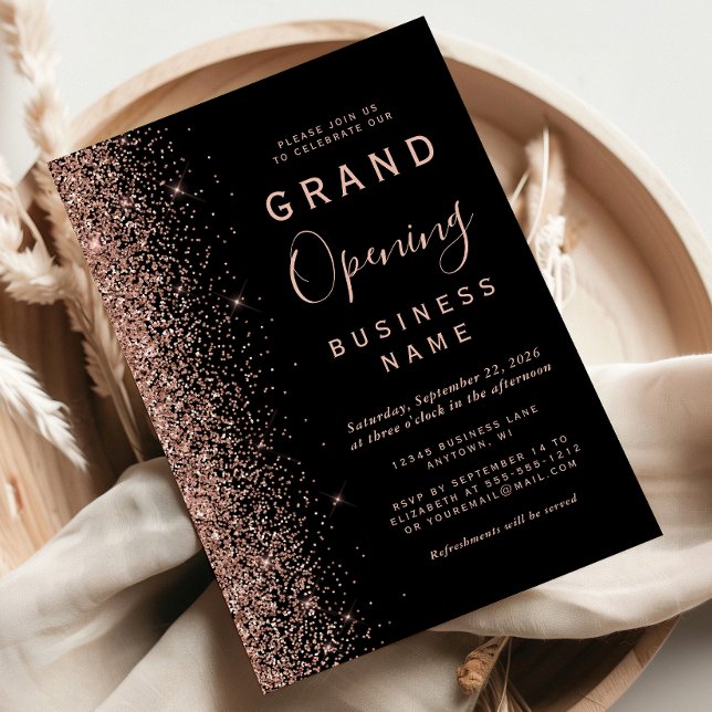 Business Grand Opening Black Rose Gold Glitzer Einladung (Von Creator hochgeladen)