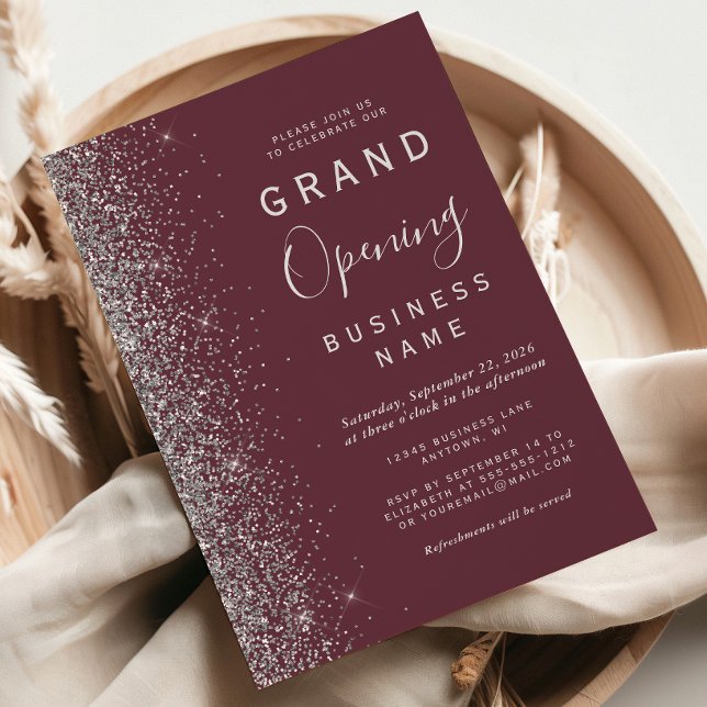 Business Grand Opening Burgundy Silver Glitzer Einladung (Von Creator hochgeladen)