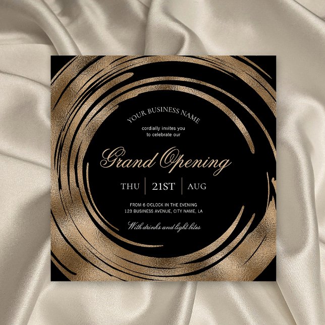 Business Grand Opening Chic Black & Gold Glitter Einladung (Professional black and gold glitter business event invitations, perfect for your grand opening party)