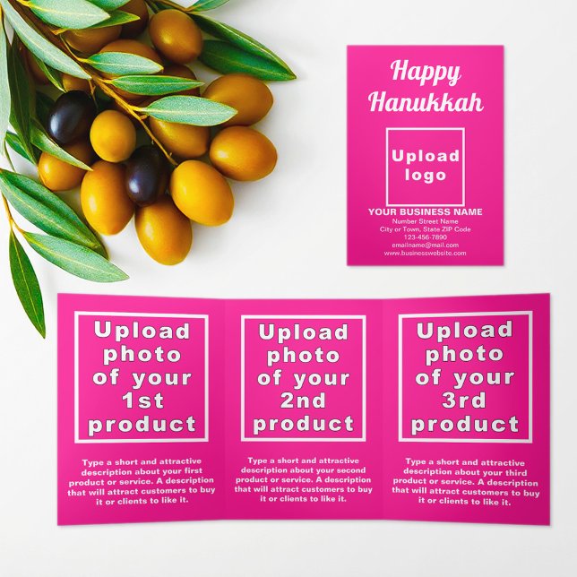 Business Hanukka Pink Trifold Karte (Hanukkah greeting, business brand and products on pink trifold card)