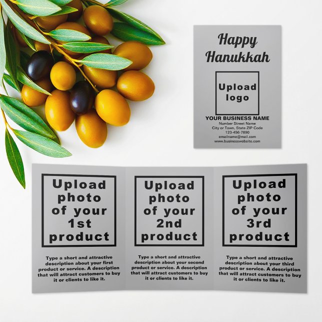 Business Hanukkah Gray Trifold Card Dreifach Gefaltete Karte (Hanukkah greeting, business brand and products on gray trifold card)