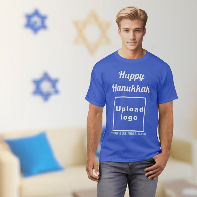 Business Hanukkah Gruß auf Royal Blue T - Shirt (Hanukkah greeting, business name and logo on royal blue t-shirt)