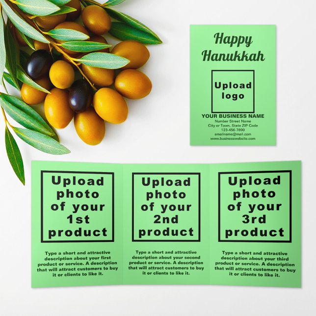 Business Hanukkah Light Green Trifold Card Dreifach Gefaltete Karte (Hanukkah greeting, business brand and products on light green trifold card)