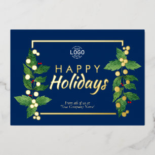 Business Happy Holidays Blue Real Gold Foil Card Folieneinladung