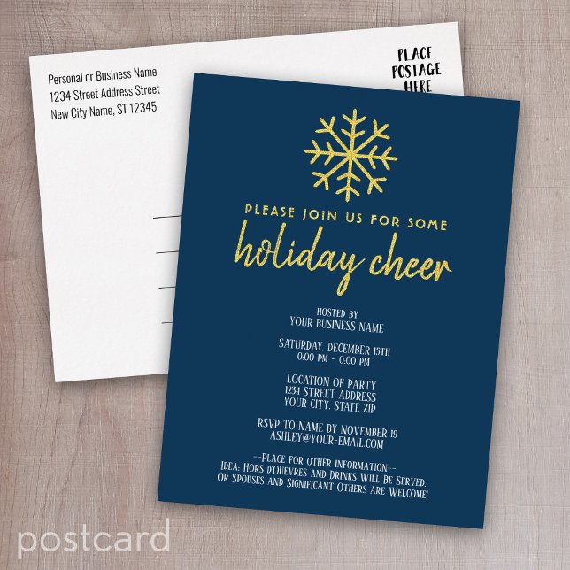 Business Holiday Cheer Party - moderne Schneeflock Folie Einladungspostkarte (Holiday invitation - business postcard)