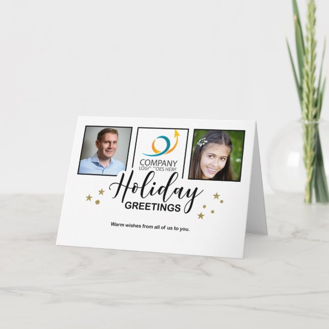 Business Holiday Greetings White 3 Foto Glitzer Karte (Vorderseite)